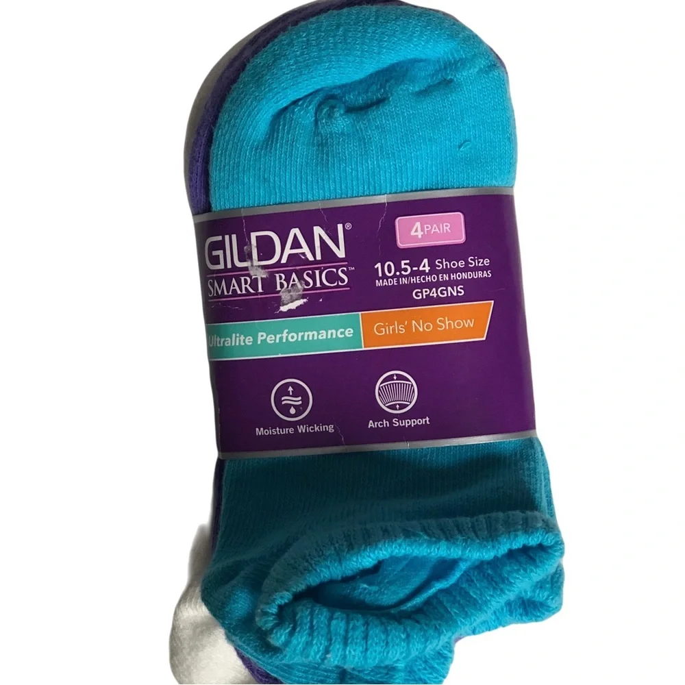 Gildan Smart Basics Girls Four pair no show socks Turquoise Purple and White